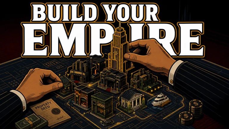 Official Build Your Empire artwork showing a miniature city and property deed