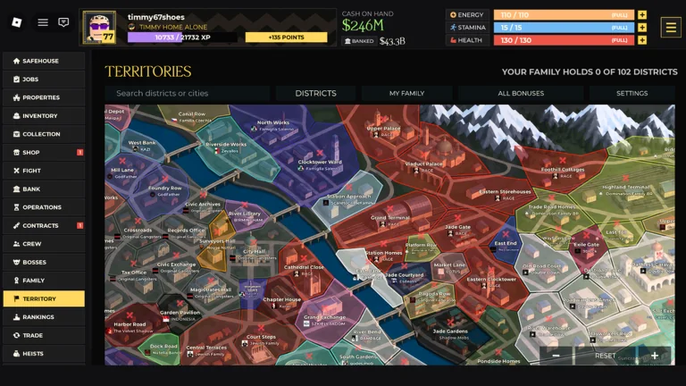 Idle Mafia Game Territories screen showing colored districts and the territory menu